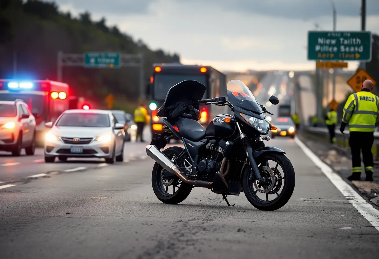 Scene of a motorcycle accident with emergency responders present