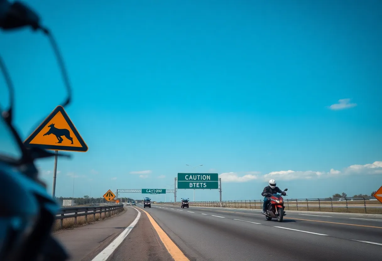 Highway caution signs indicating safety for motorcyclists