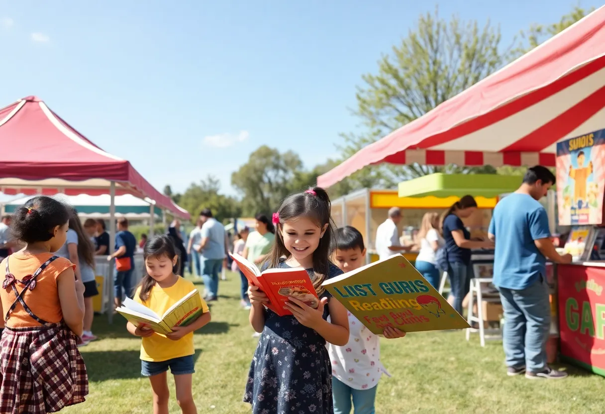 Families celebrating at Myrtle Beach Read Fest with activities and games.