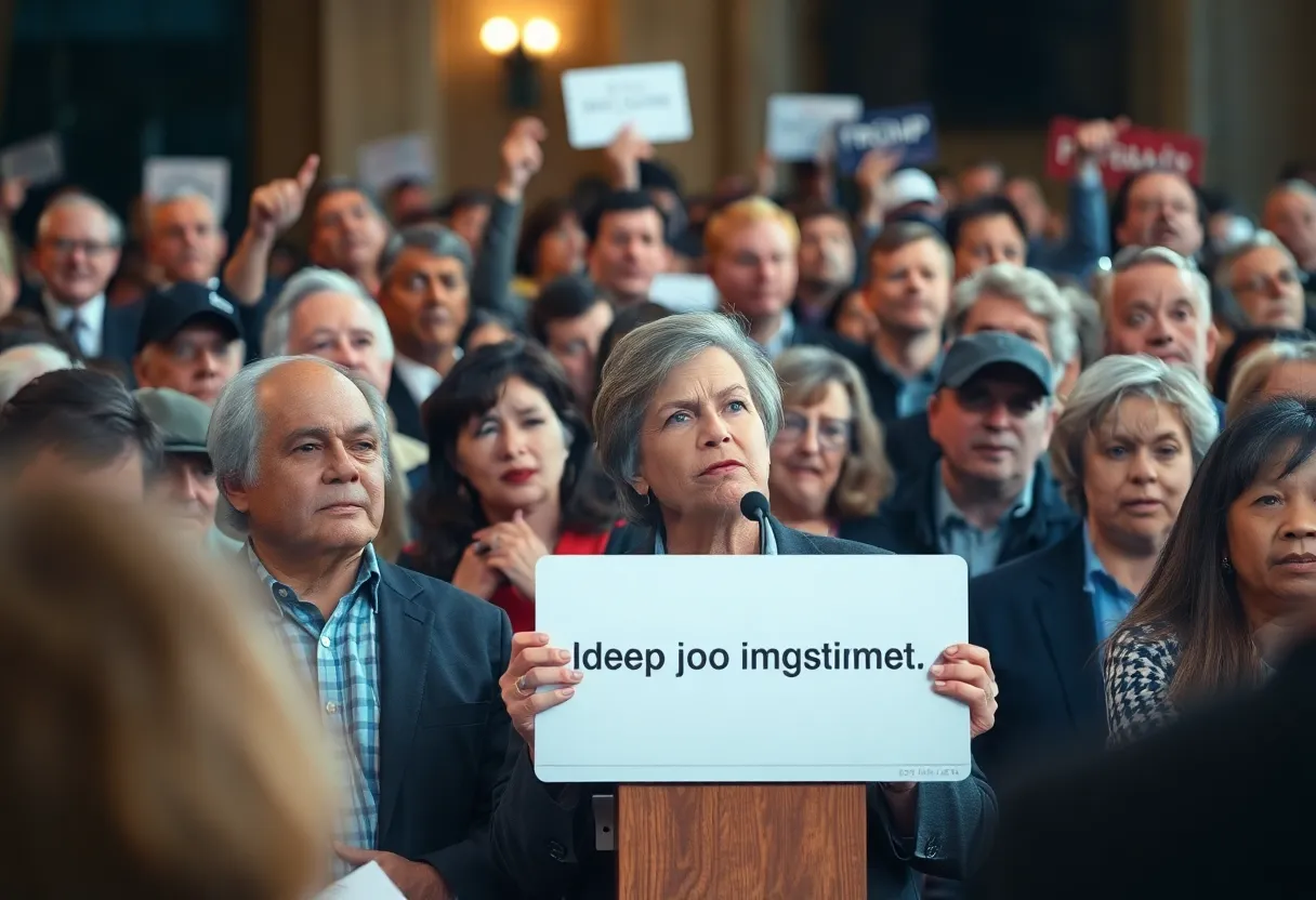 Crowd at a political rally responding to controversial remarks.