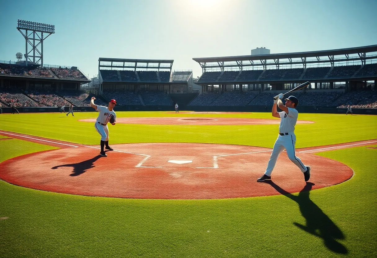 Baseball field with players in action during a sunny day.