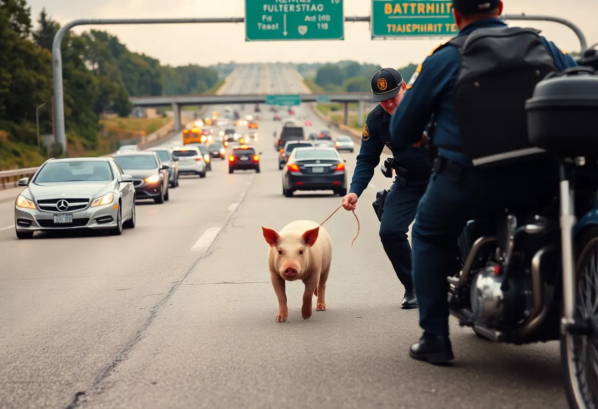 Police officers rescuing a pig on the highway