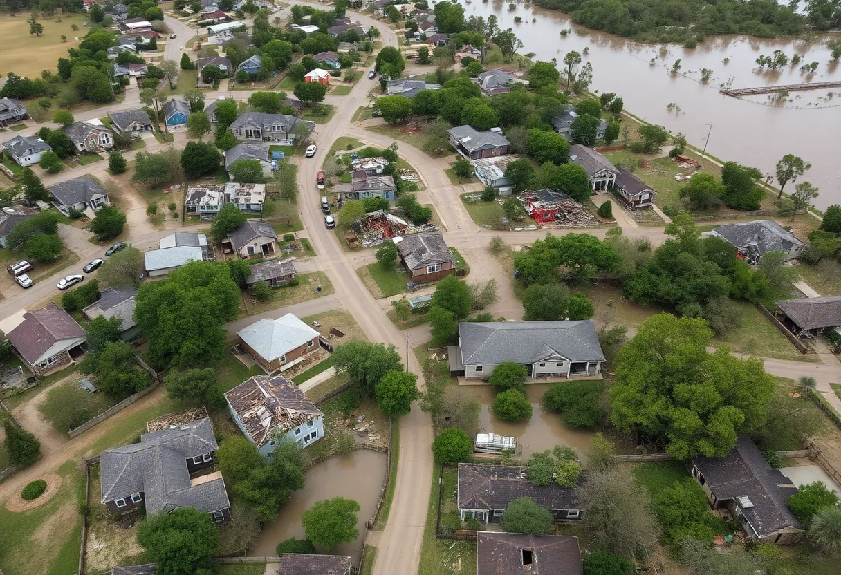 Overview of a flooded area in Texas Hill Country with submerged homes and debris.