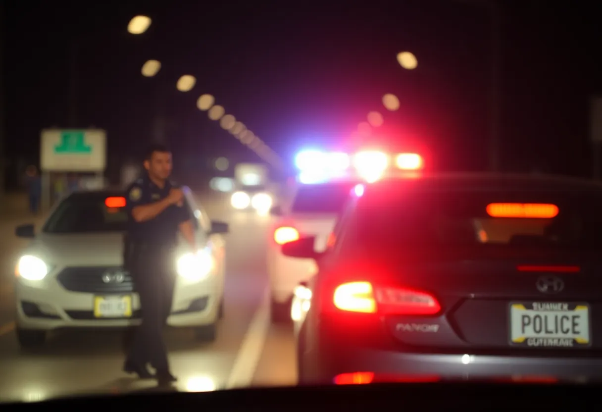 Police lights illuminating a vehicle during a traffic stop