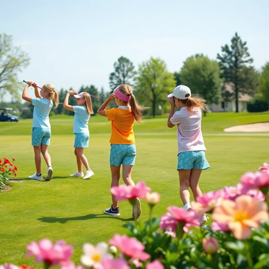 Young girls practicing golf swings on a sunny golf course.