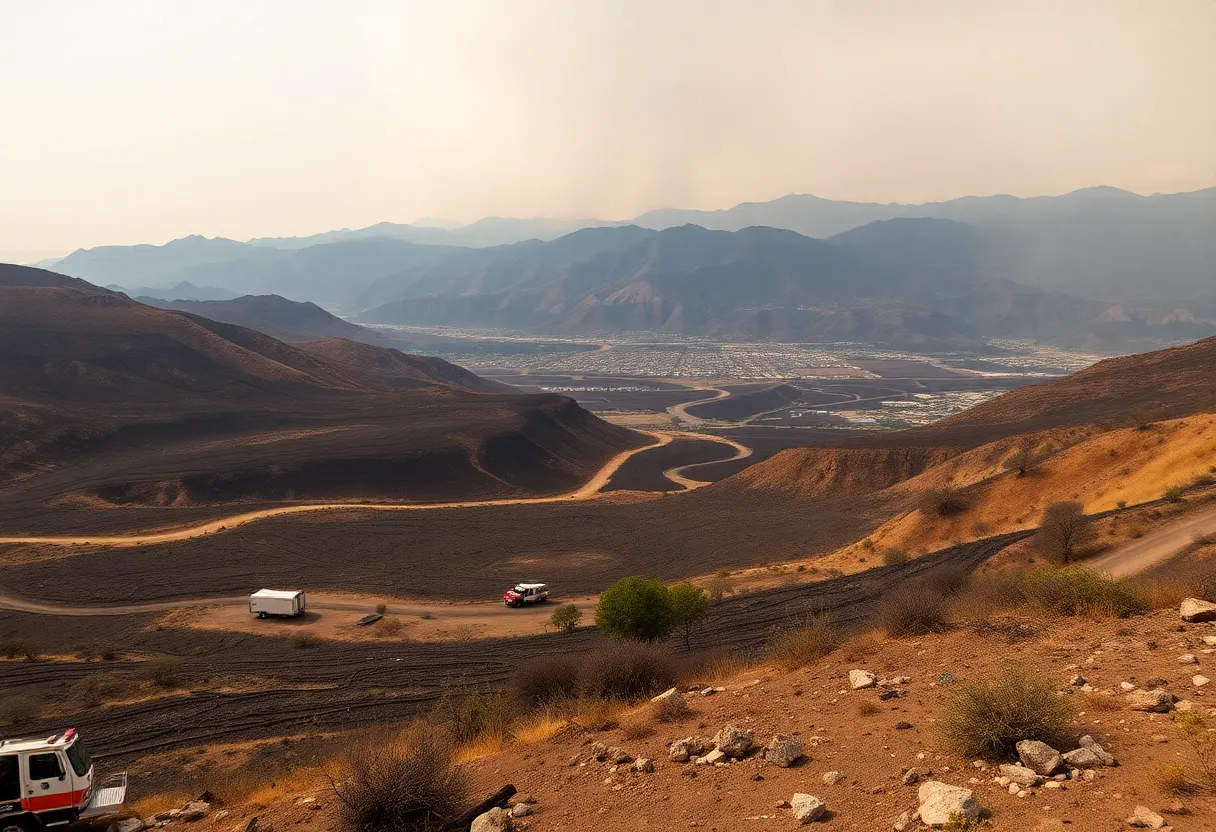 Panoramic view of the aftermath of the Canyon Fire showing burnt land and firefighters at work.