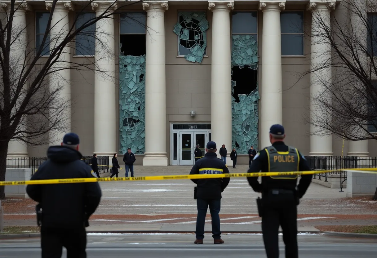 Police and damaged building at CDC headquarters after shooting incident