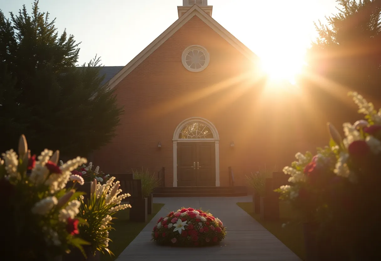 A peaceful view of Chapin Community Church, symbolizing remembrance.