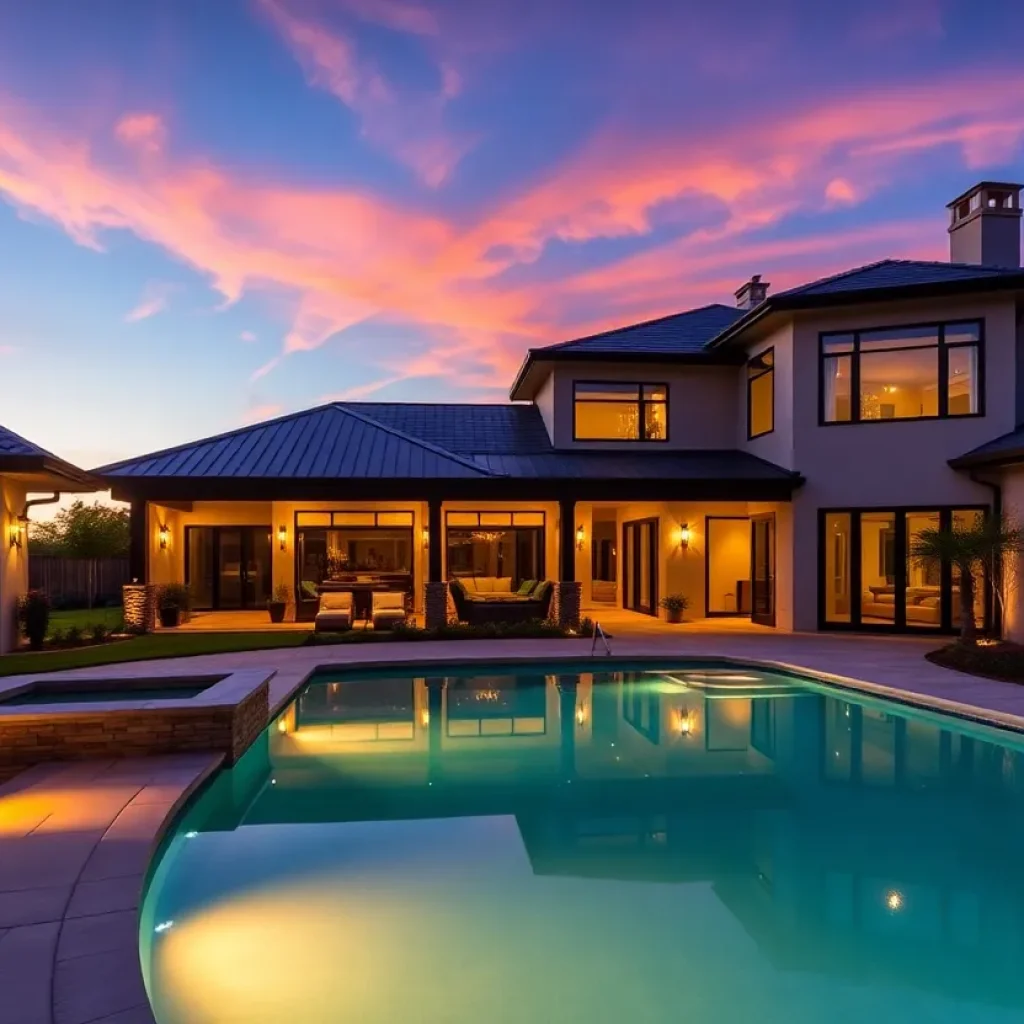 Exterior view of a luxury residence in Chapin with a pool