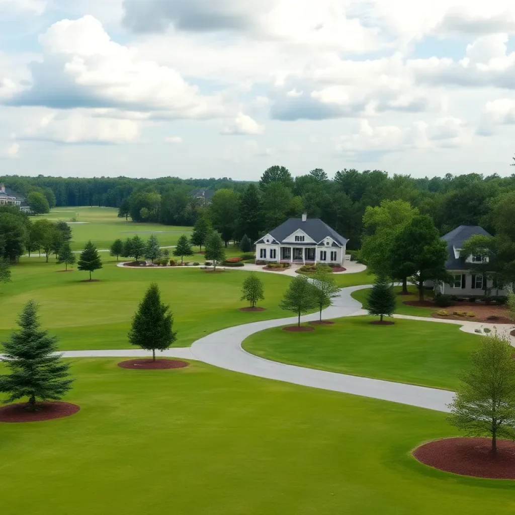 A picturesque view of a golf community in Chapin SC featuring landscaped homes and a scenic golf course.