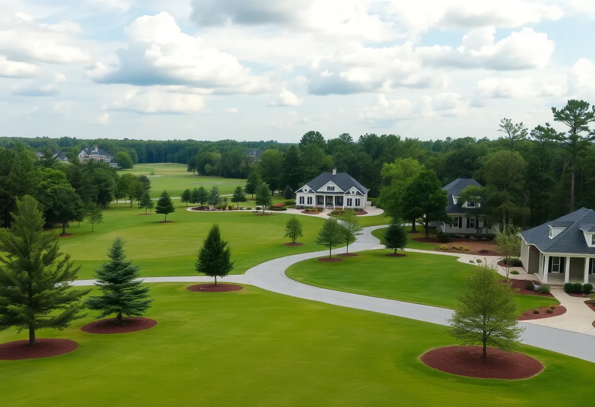 A picturesque view of a golf community in Chapin SC featuring landscaped homes and a scenic golf course.