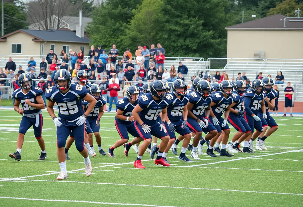 Players from the Columbia High School football team practicing with focus and determination.