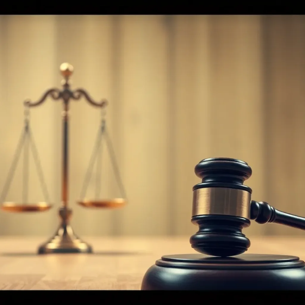 A gavel and scales of justice in a courtroom