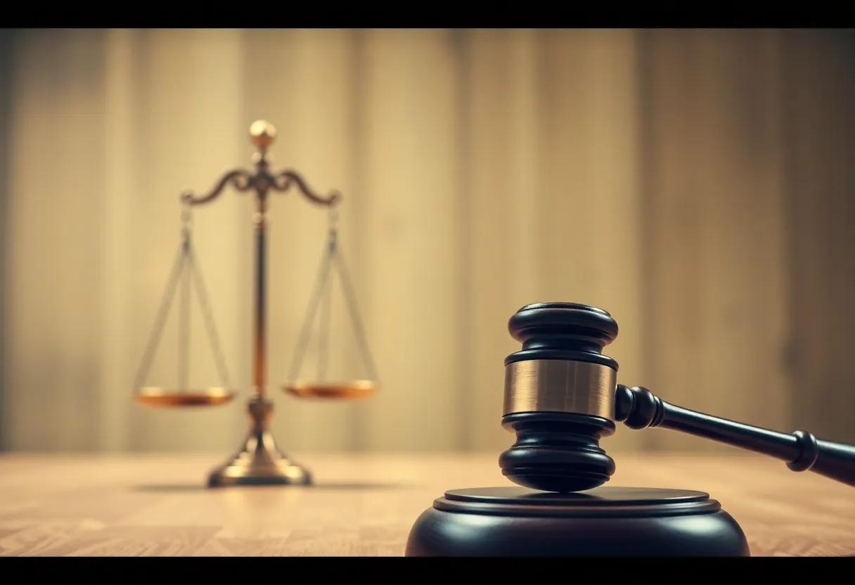 A gavel and scales of justice in a courtroom