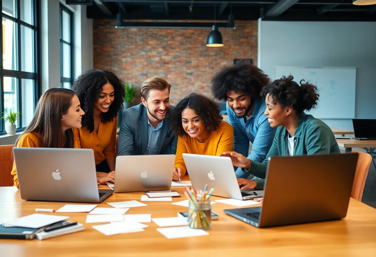 A diverse team of digital marketers discussing emotional storytelling strategies in a bright office.