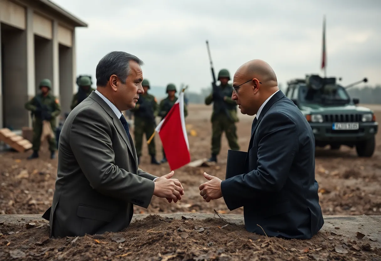 Symbolic representation of diplomatic negotiations between nations amidst military conflict.