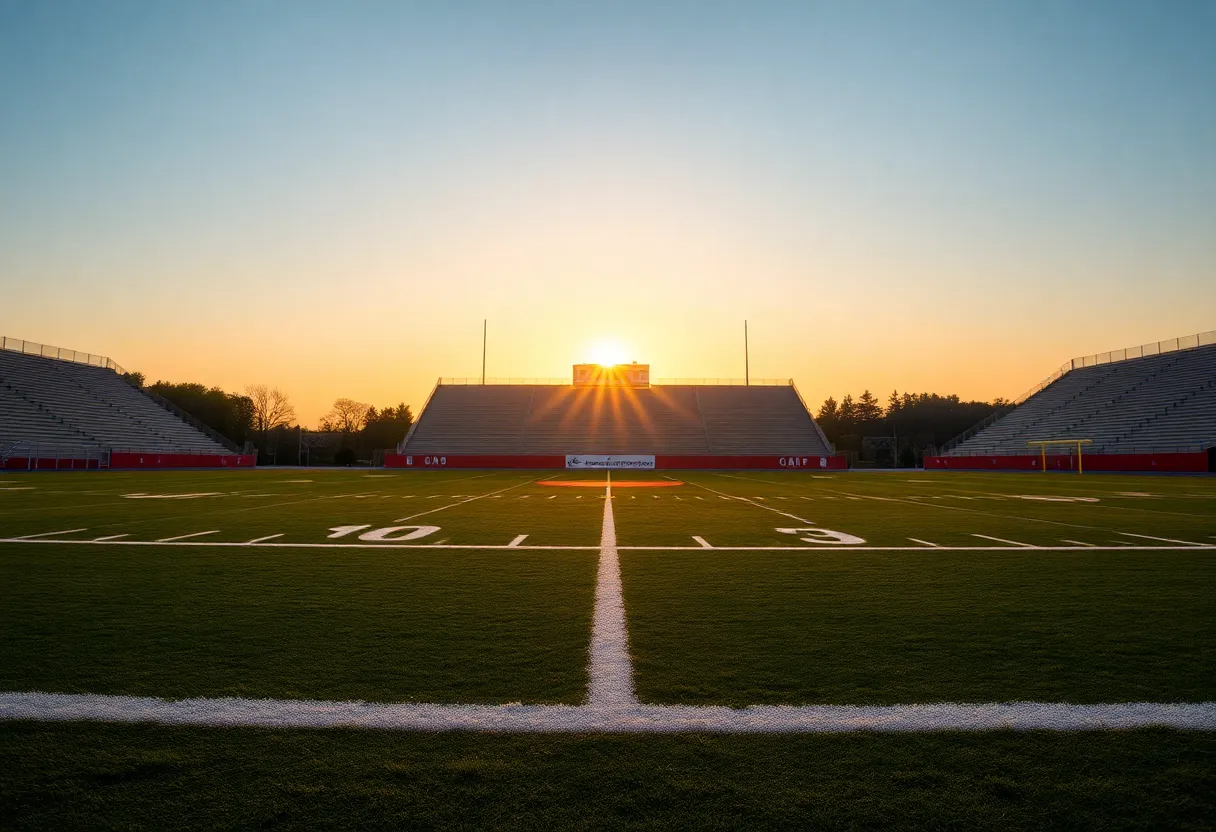 A football field at dawn with the sun rising