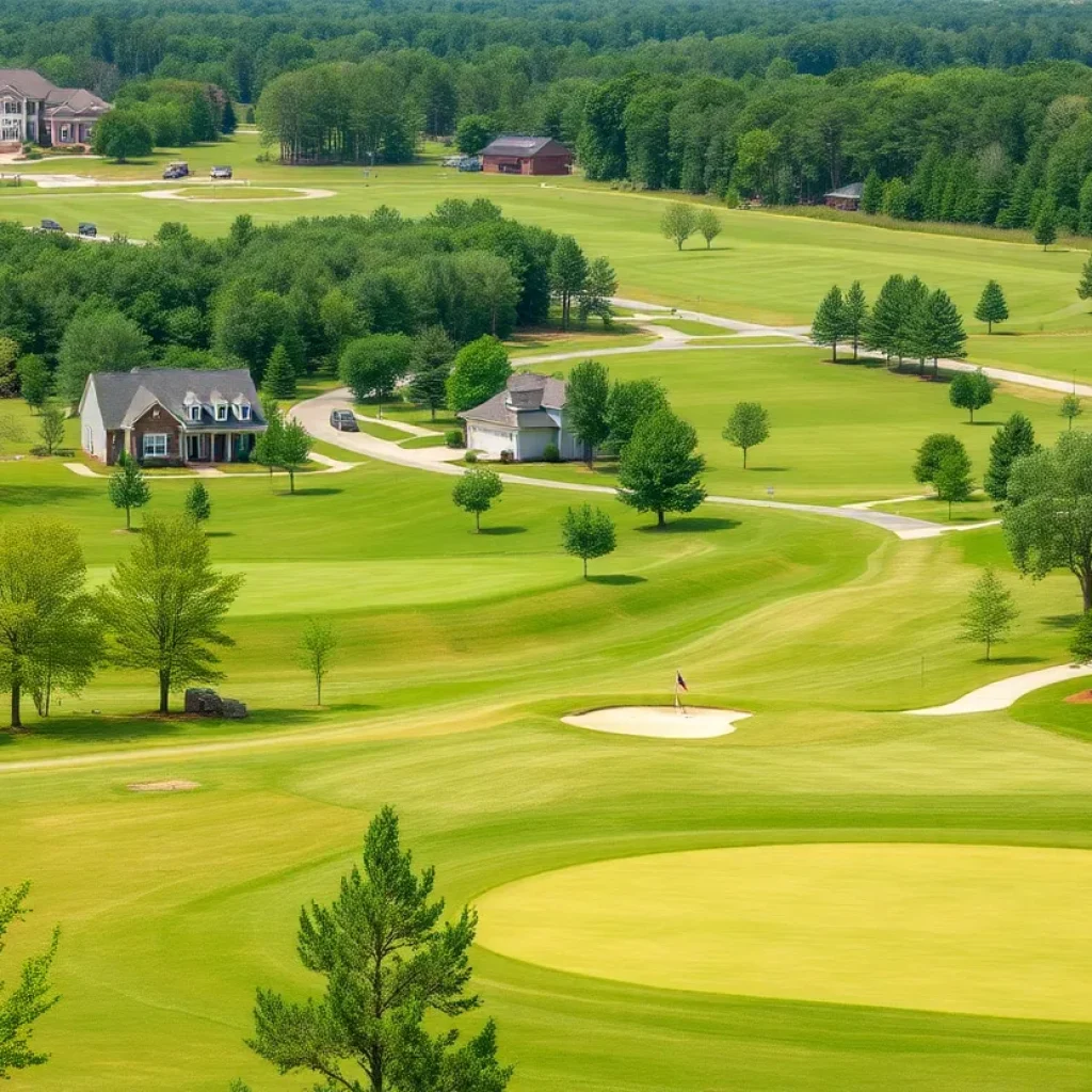 A scenic view of a golf community in Chapin, SC with well-maintained homes and lush greenery.