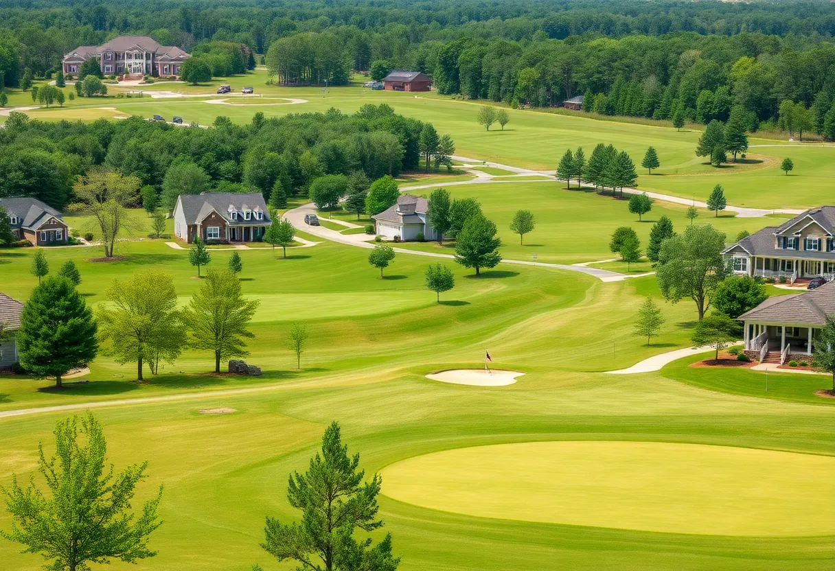 A scenic view of a golf community in Chapin, SC with well-maintained homes and lush greenery.