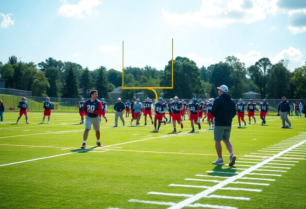 High school football teams practicing on the field in Columbia