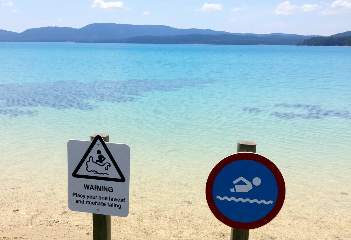 Lake Murray with warning signs regarding swimming safety