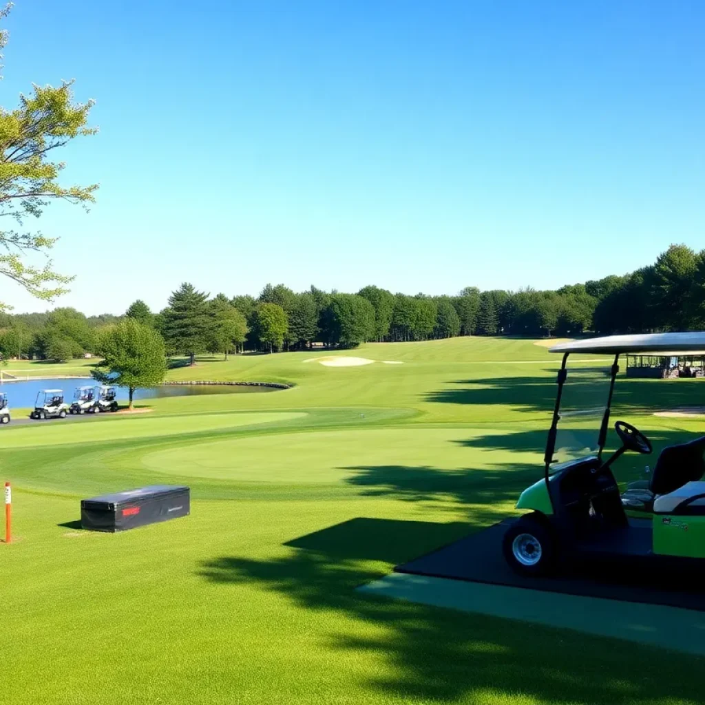 A scenic view of Lake Murry Golf Center with a focus on the driving range.