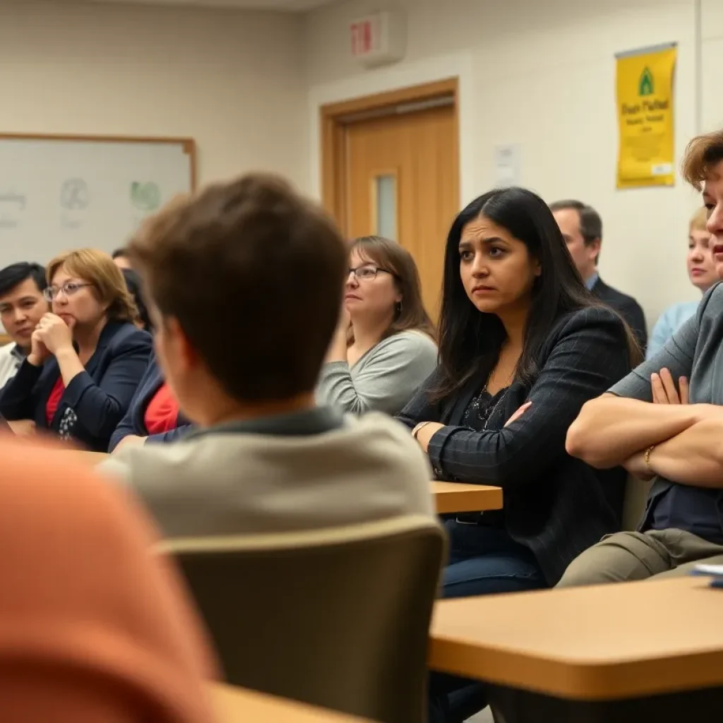 A tense school board meeting with educators and board members.