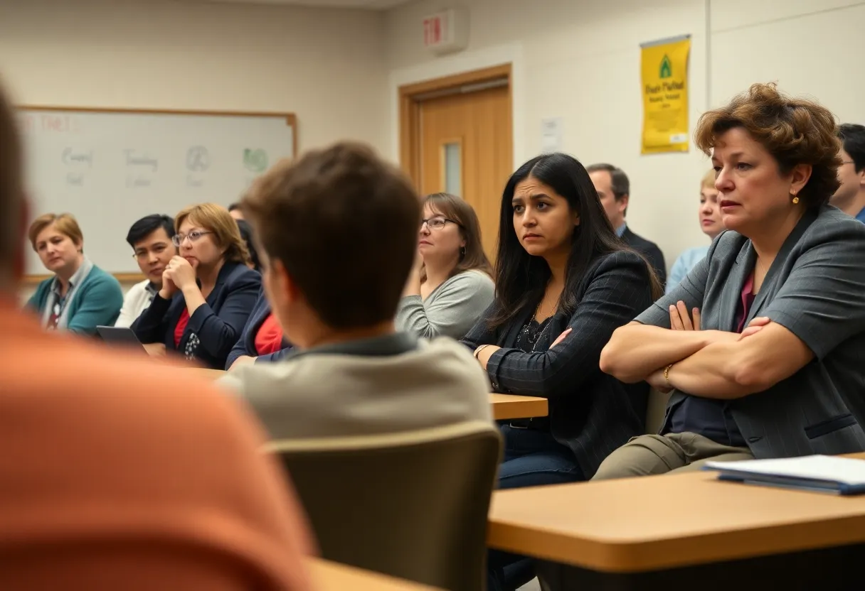 A tense school board meeting with educators and board members.