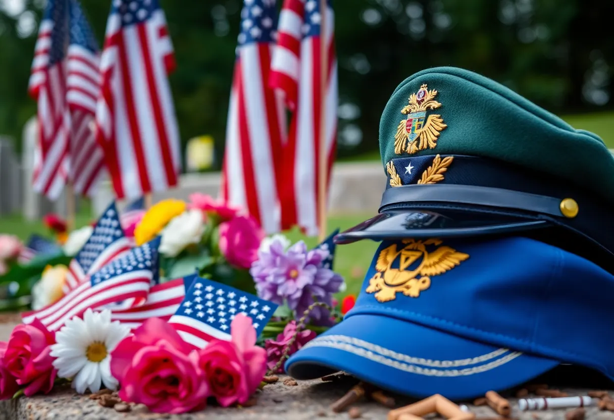 Memorial display for a military veteran with an American flag and flowers
