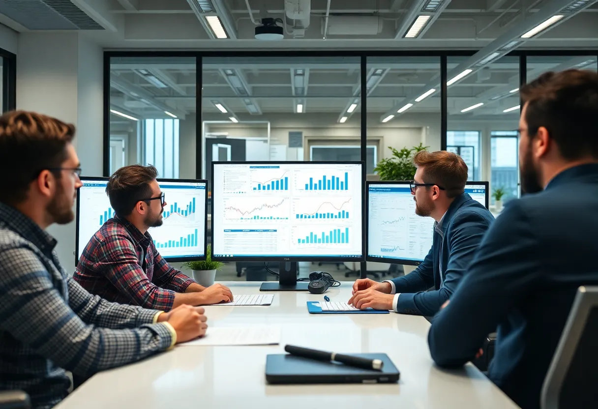 A marketing team reviewing real-time data on screens in an office.