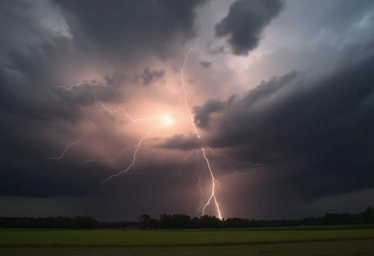 Dramatic storm clouds with lightning over South Carolina landscape