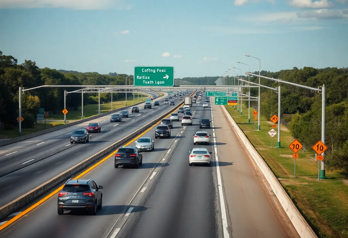Traffic on a South Carolina highway with construction signs.