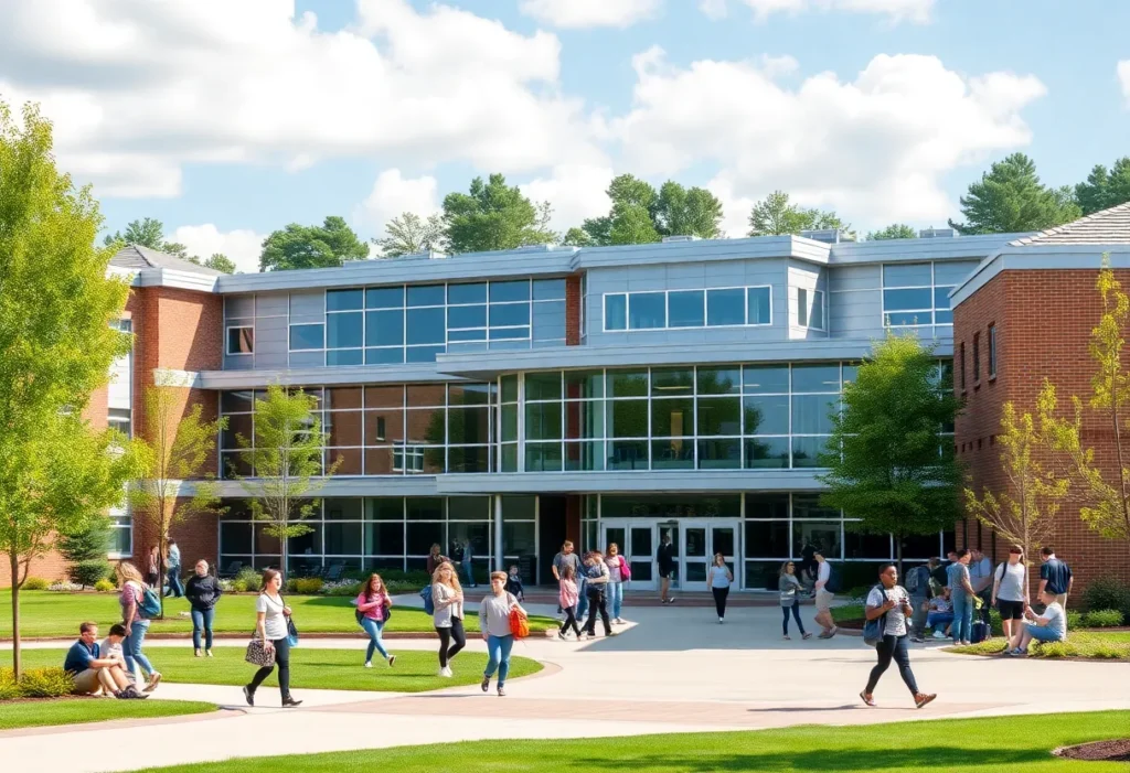 View of Aiken Scholars Academy showing its modern facilities and students.
