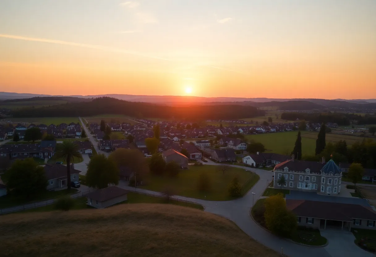 Sunset over a peaceful small town landscape