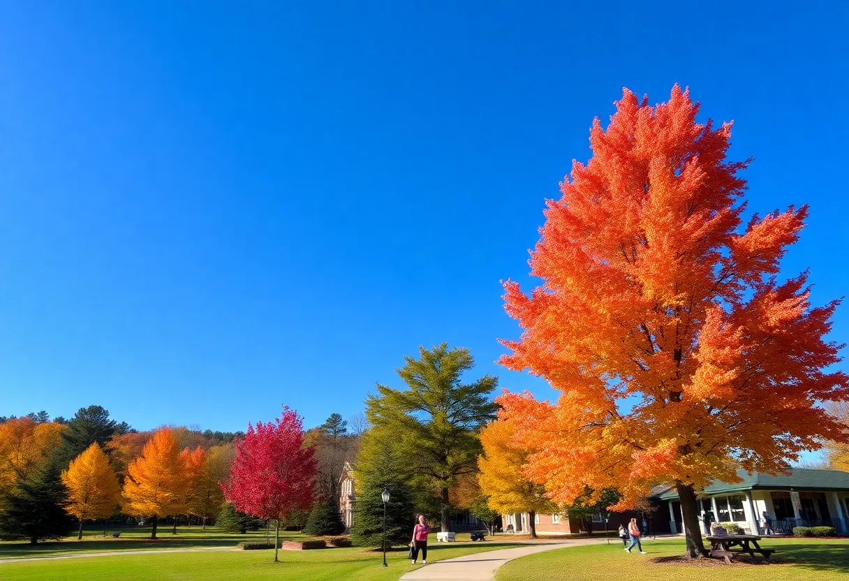 Clear blue skies in Chapin, SC with colorful autumn trees.