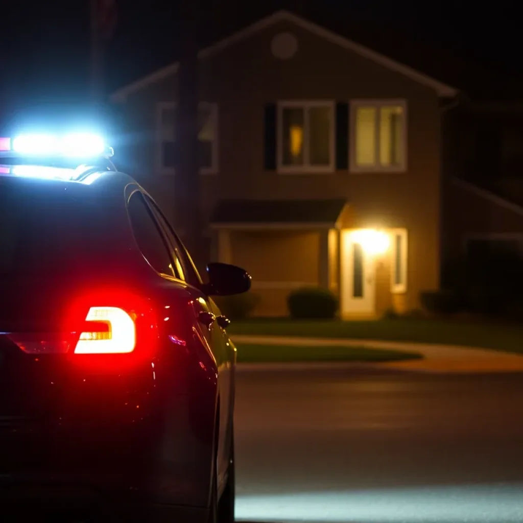 Police car at apartment complex crime scene in Chapin