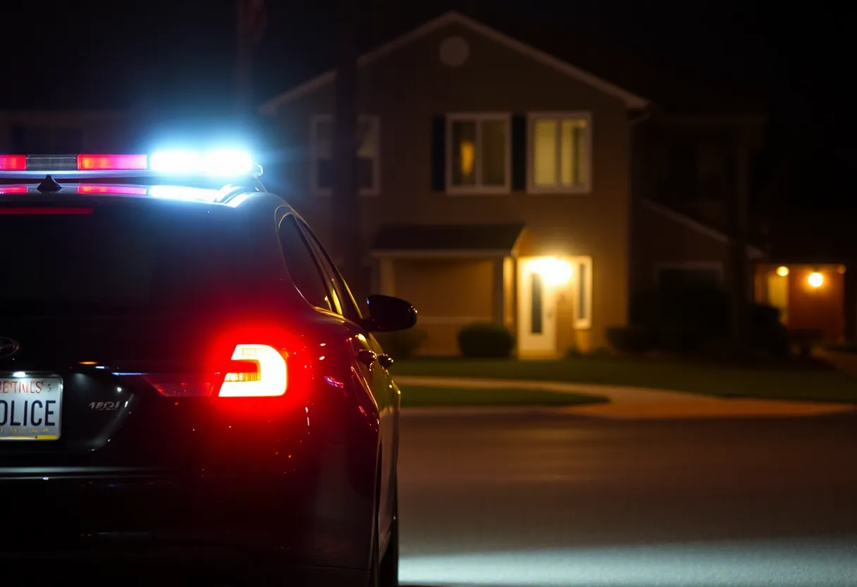 Police car at apartment complex crime scene in Chapin