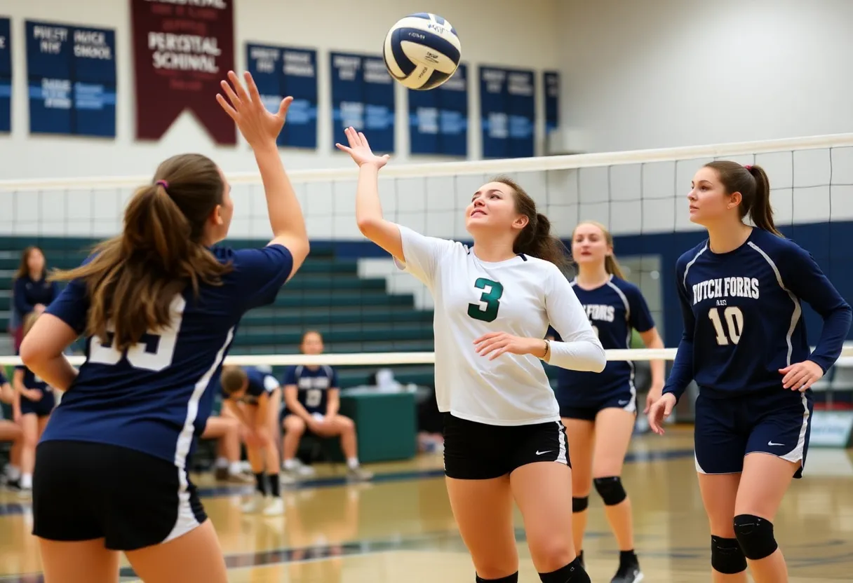 Chapin High School Volleyball players in action during match against Dutch Fork