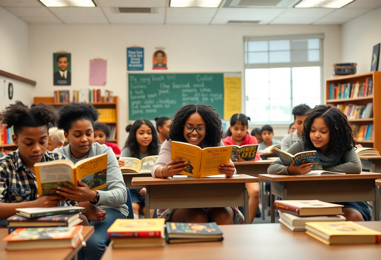 Diverse students learning in a classroom environment focused on history and racial issues