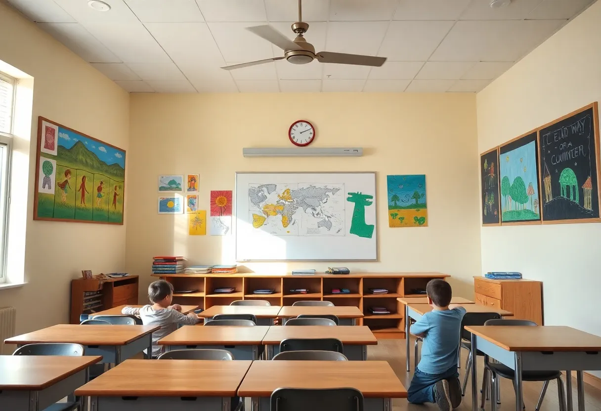 A serene classroom filled with children's artwork, representing education.