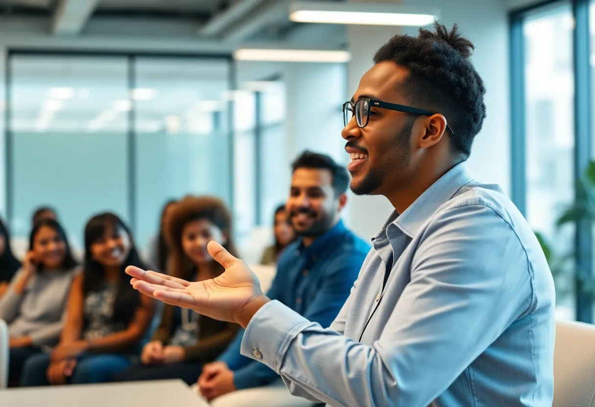 A digital marketing team discussing emotional storytelling.