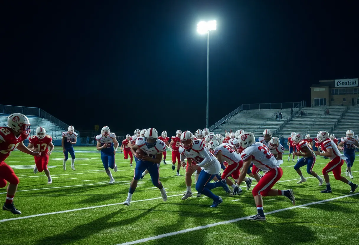 High school football players in action under stadium lights