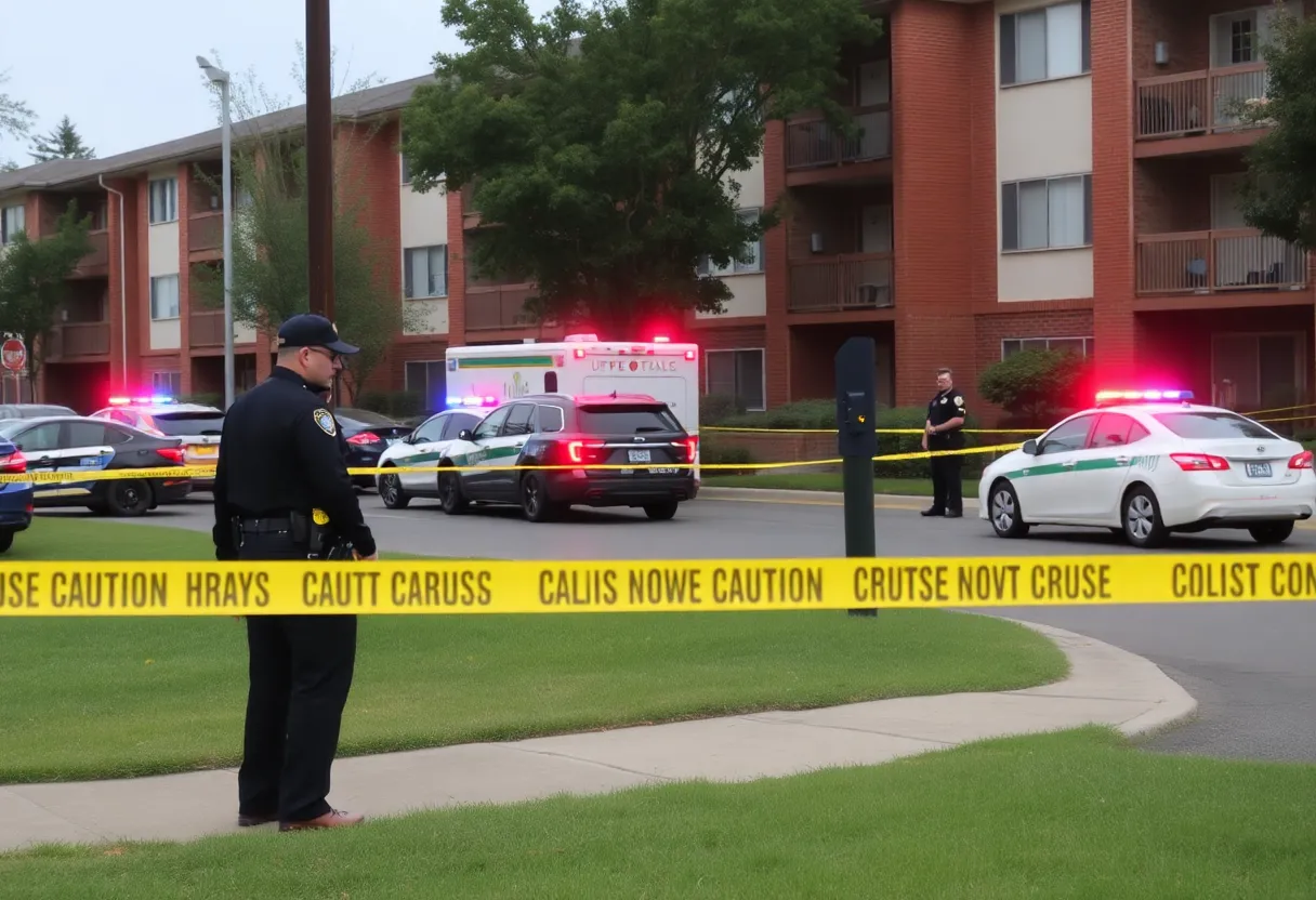 Police officers at the scene of a violent incident at College Park Apartments in Newberry.