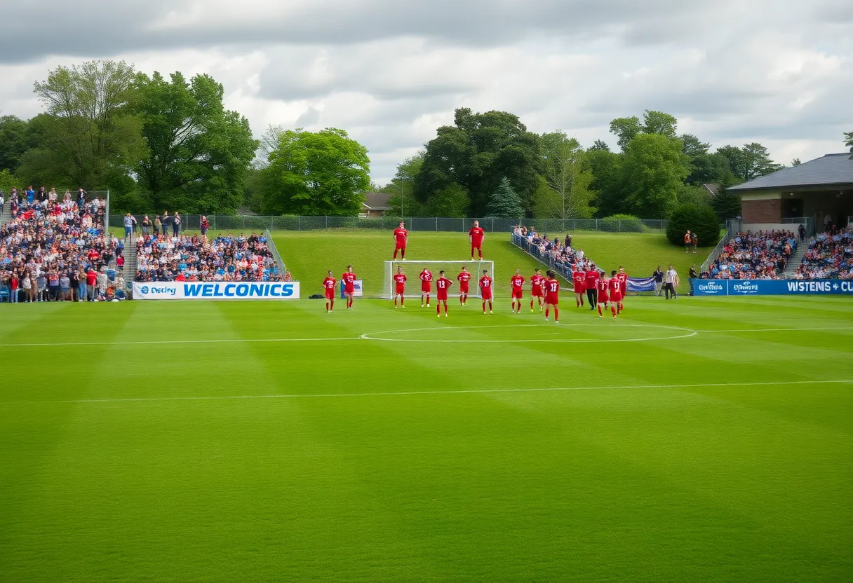 Banner celebrating Savannah McCaskill's jersey retirement at the soccer field