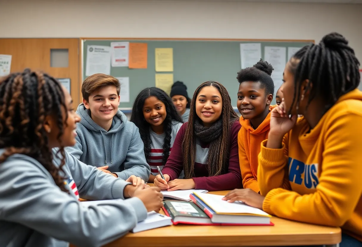 High school students discussing civic topics in a classroom setting