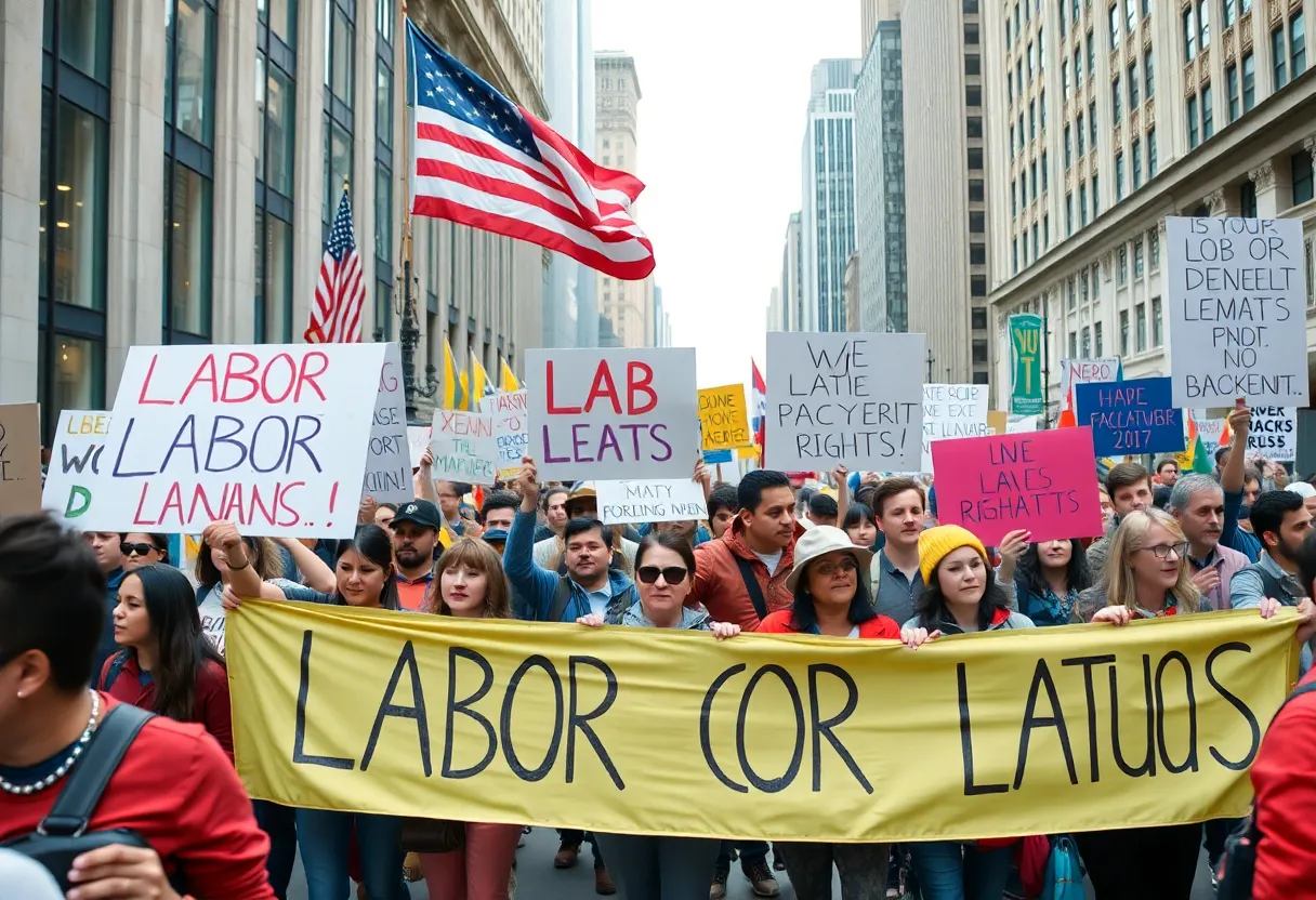 Crowd of protesters advocating for worker rights during Labor Day demonstrations.