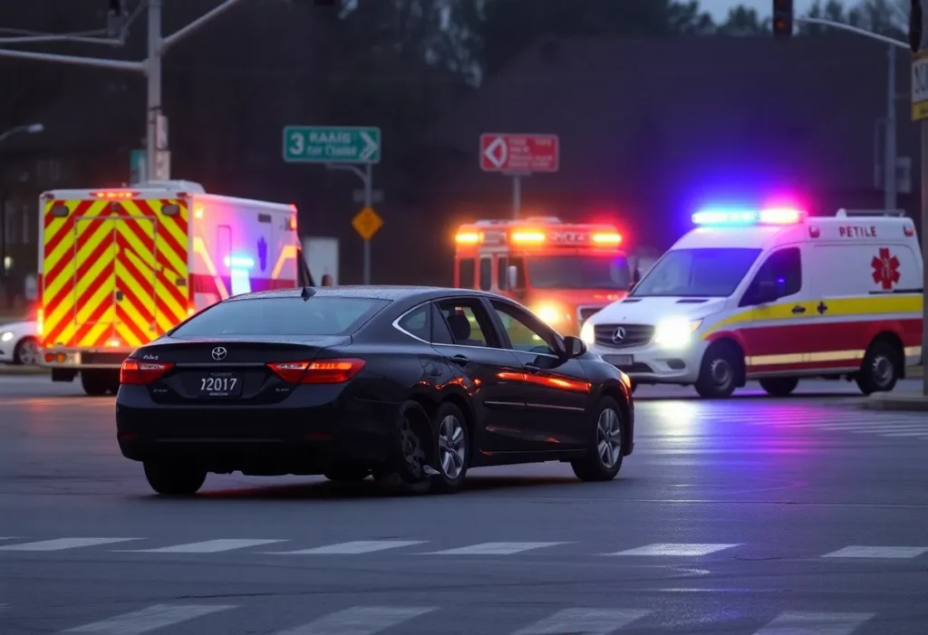 Car accident scene with emergency responders