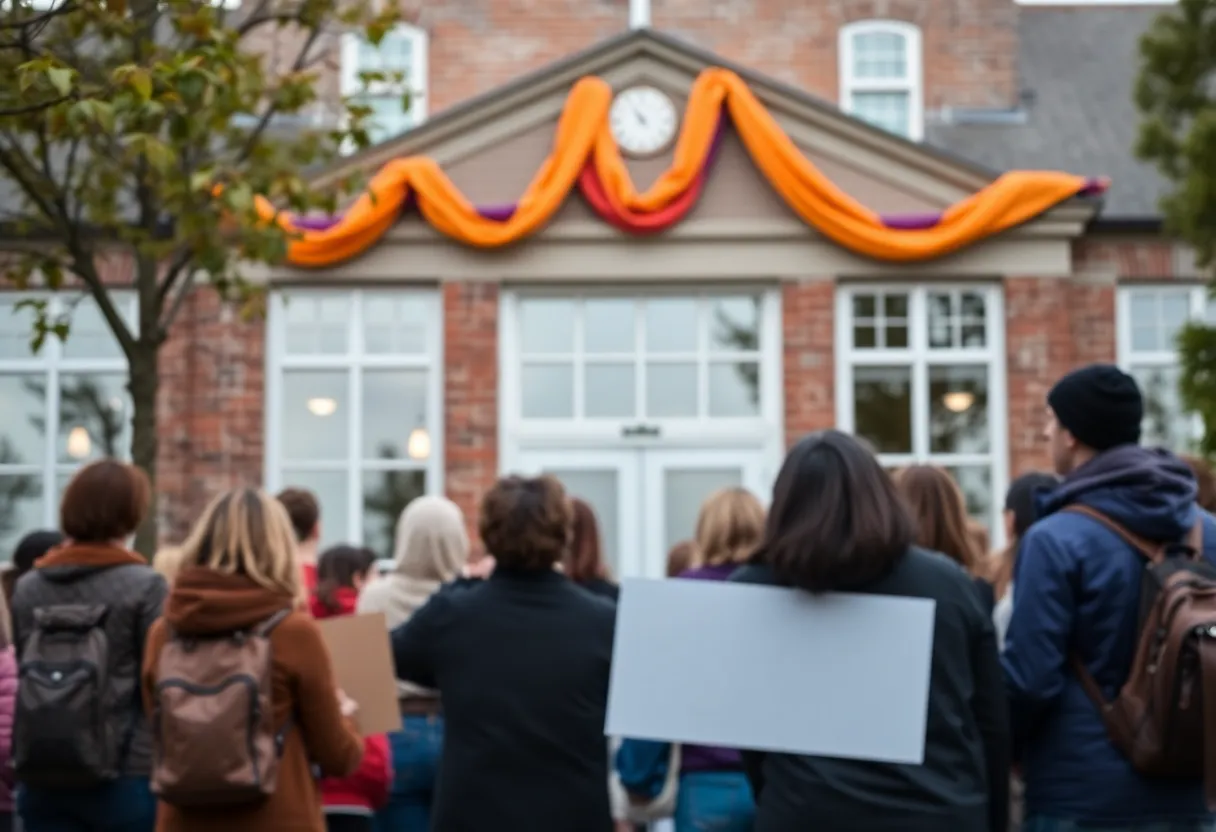 Chapin Town Hall decorated in orange and purple