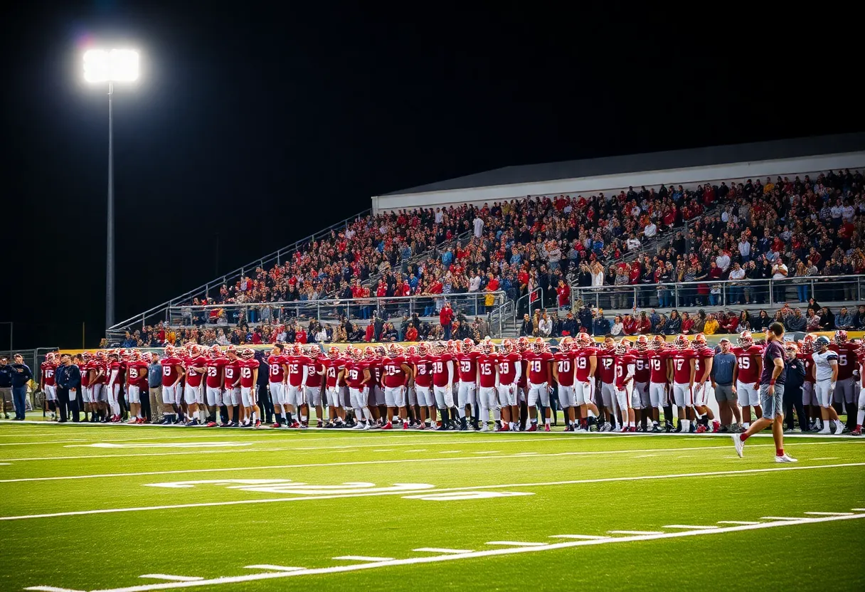Football players from Chapin Eagles and River Bluff Gators facing off during a high school football game.