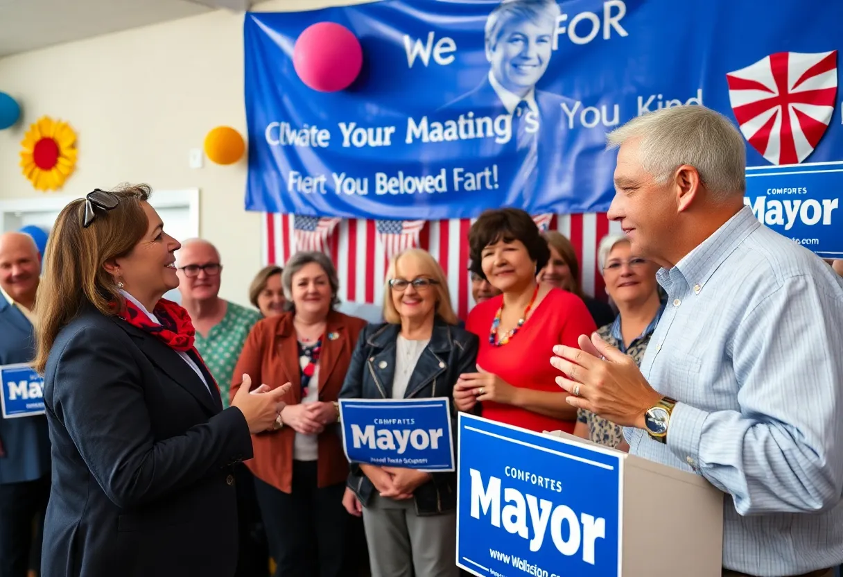 Candidates campaigning in Chapin with community support banners.